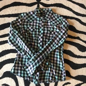 CRUEL GIRL jewel tone plaid snap western shirt